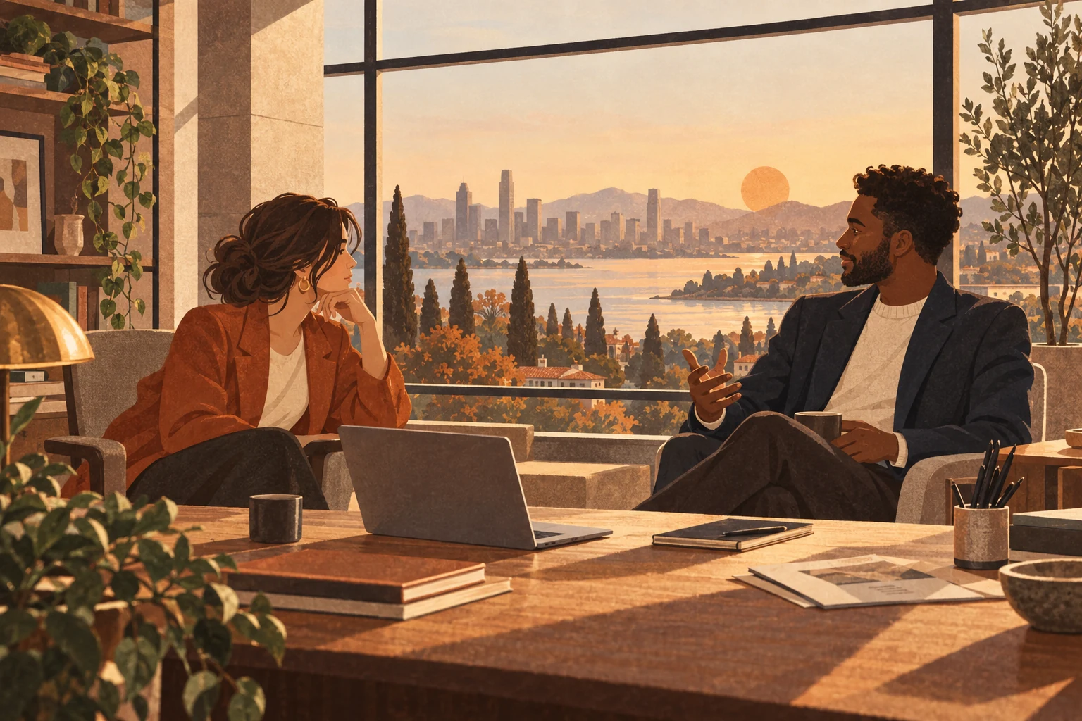 Textured editorial illustration of two professionals in conversation in a sunlit workplace, with trees and a city beyond the window.